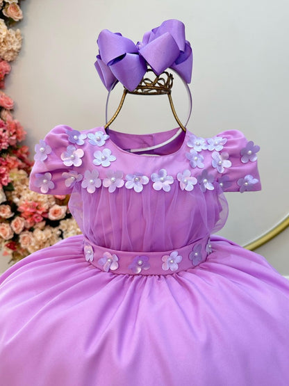 Vestido Infantil Lilás C/ Busto Tule e Aplique de Flores