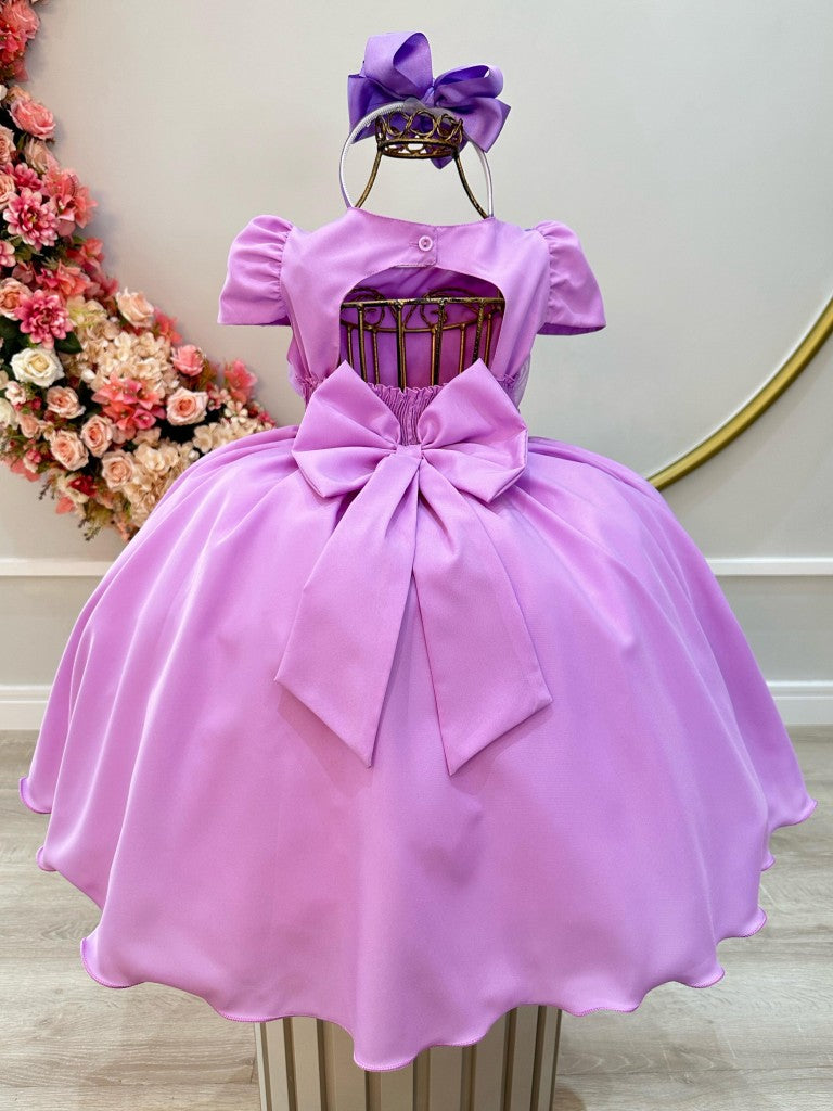 Vestido Infantil Lilás C/ Busto Tule e Aplique de Flores
