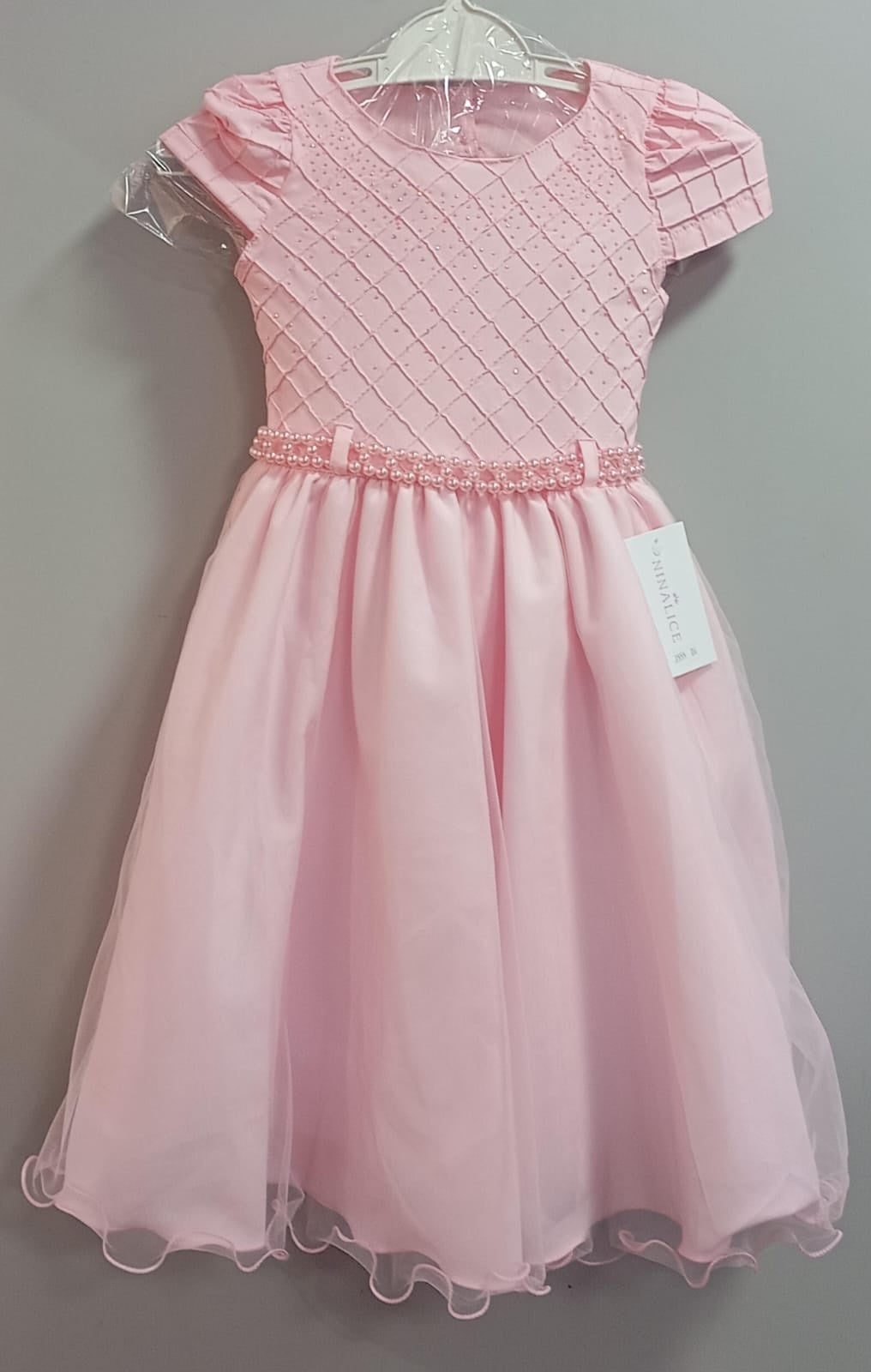 Vestido Infantil Rosa Claro Busto Nervura Strass Daminhas
