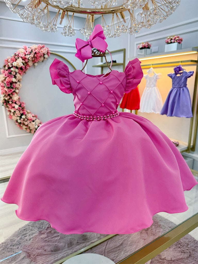 Vestido Infantil Rosa Chiclete em Cetim com Busto em Pérolas e Saia Rodada para Festa de Aniversário