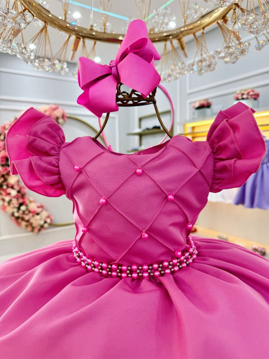 Vestido Infantil Rosa Chiclete em Cetim com Busto em Pérolas e Saia Rodada para Festa de Aniversário