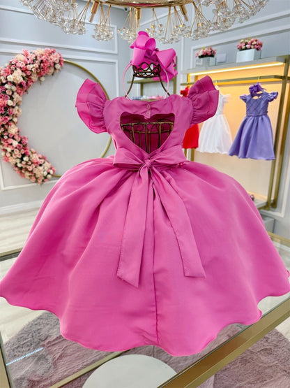 Vestido Infantil Rosa Chiclete em Cetim com Busto em Pérolas e Saia Rodada para Festa de Aniversário