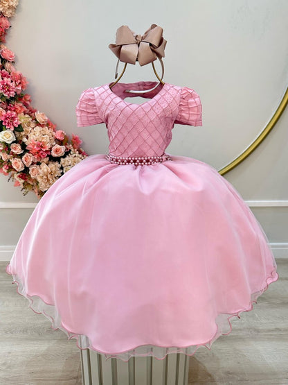 Vestido Infantil Rosa em Cetim com Busto Nervurado e Strass para Daminhas