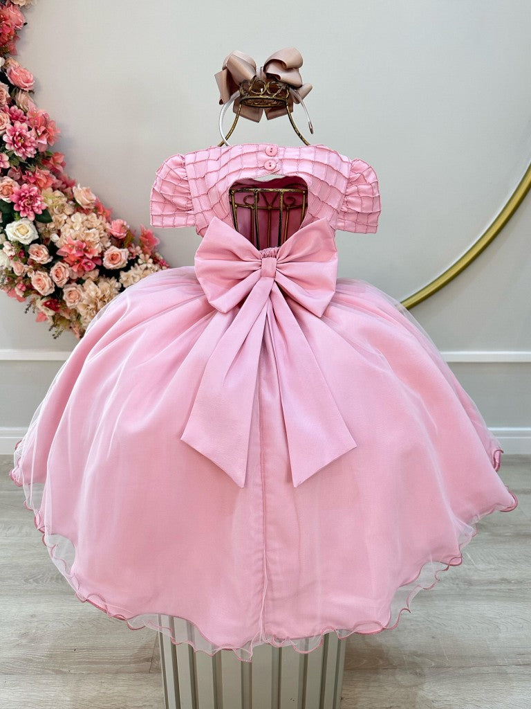 Vestido Infantil Rosa em Cetim com Busto Nervurado e Strass para Daminhas