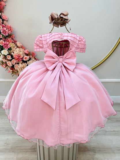 Vestido Infantil Rosa em Cetim com Busto Nervurado e Strass para Daminhas