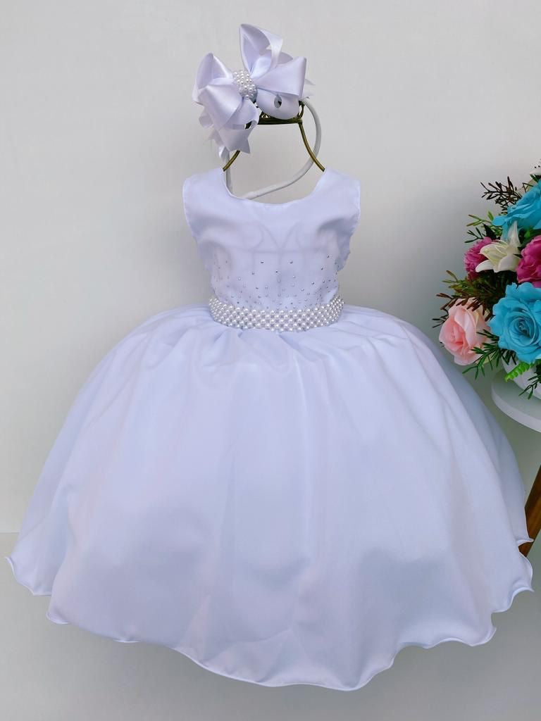 Vestido de Daminha Longo Branco Luxo para Batizado, Casamento e Festa