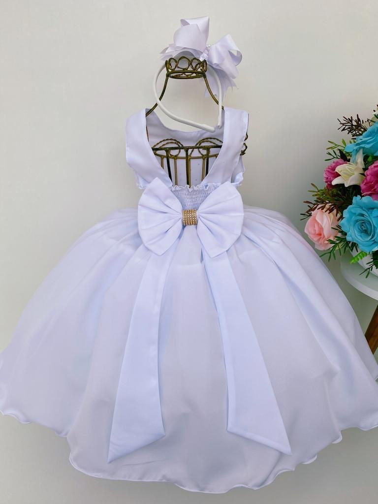 Vestido de Daminha Longo Branco Luxo para Batizado, Casamento e Festa