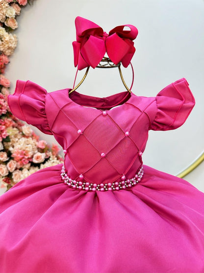 Vestido Infantil Rosa Escuro em Cetim com Busto Nervurado e Pérolas para Festas