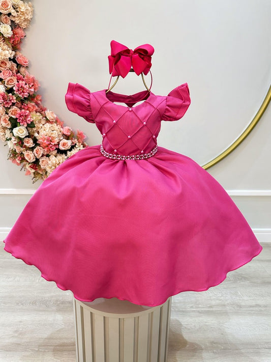 Vestido Infantil Rosa Escuro em Cetim com Busto Nervurado e Pérolas para Festas