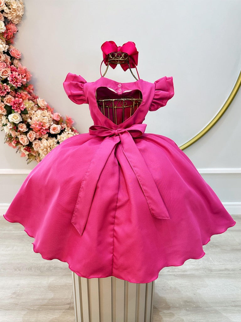 Vestido Infantil Rosa Escuro em Cetim com Busto Nervurado e Pérolas para Festas
