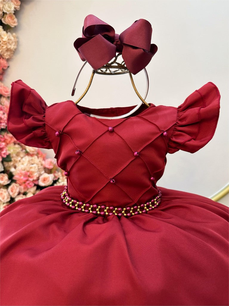 Vestido Infantil Marsala em Cetim com Busto Nervurado e Pérolas para Casamentos