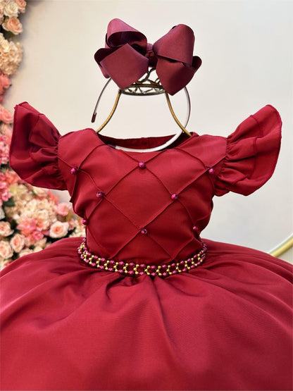 Vestido Infantil Marsala em Cetim com Busto Nervurado e Pérolas para Casamentos