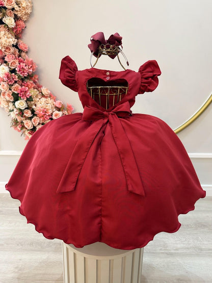 Vestido Infantil Marsala em Cetim com Busto Nervurado e Pérolas para Casamentos