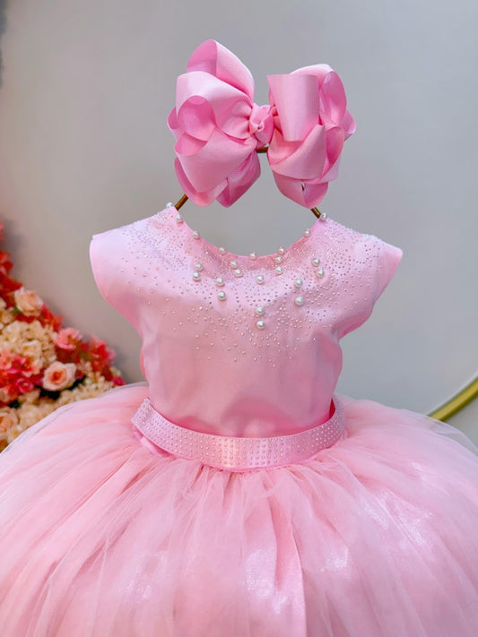 Vestido Infantil Damas de Honra Longo Rosa Pérolas