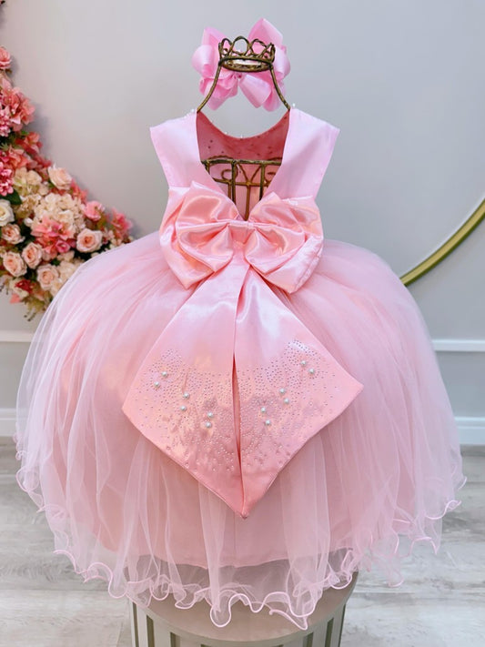 Vestido Infantil Damas de Honra Longo Rosa Pérolas