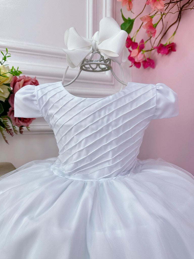 Vestido Infantil Branco em Tule com Busto Plissado e Saia Rodada para Daminhas