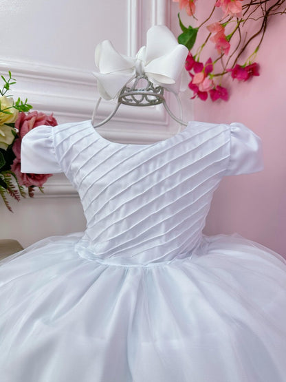 Vestido Infantil Branco em Tule com Busto Plissado e Saia Rodada para Daminhas
