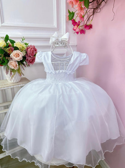 Vestido Infantil Branco em Tule com Busto Plissado e Saia Rodada para Daminhas