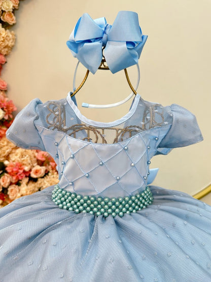 Vestido Infantil Azul Claro em Tule com Busto Nervura e Laço para Festa