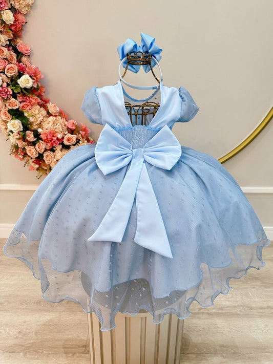 Vestido Infantil Azul Claro em Tule com Busto Nervura e Laço para Festa