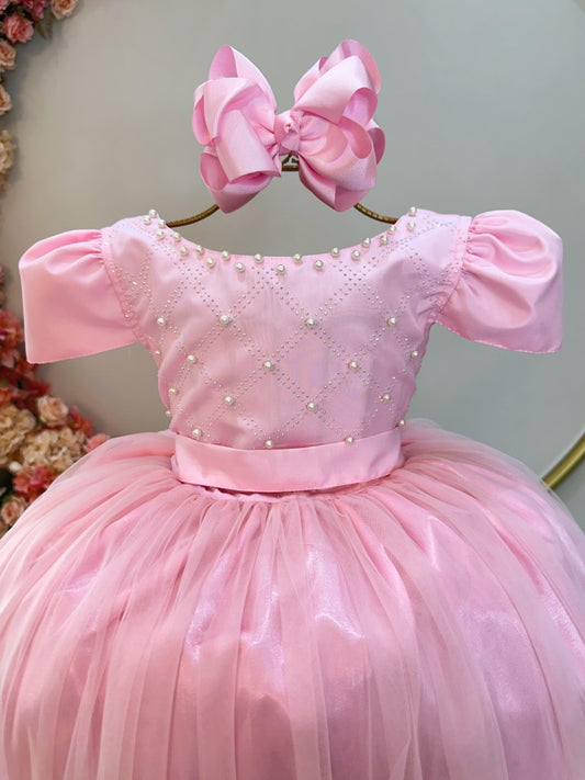 Vestido Infantil Longo Rosa Com Strass e Pérolas Daminhas
