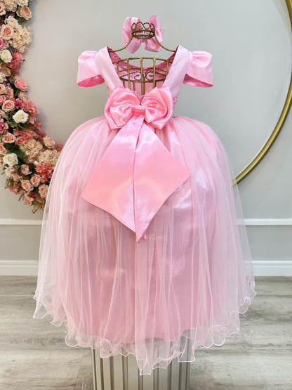 Vestido Infantil Longo Rosa Com Strass e Pérolas Daminhas