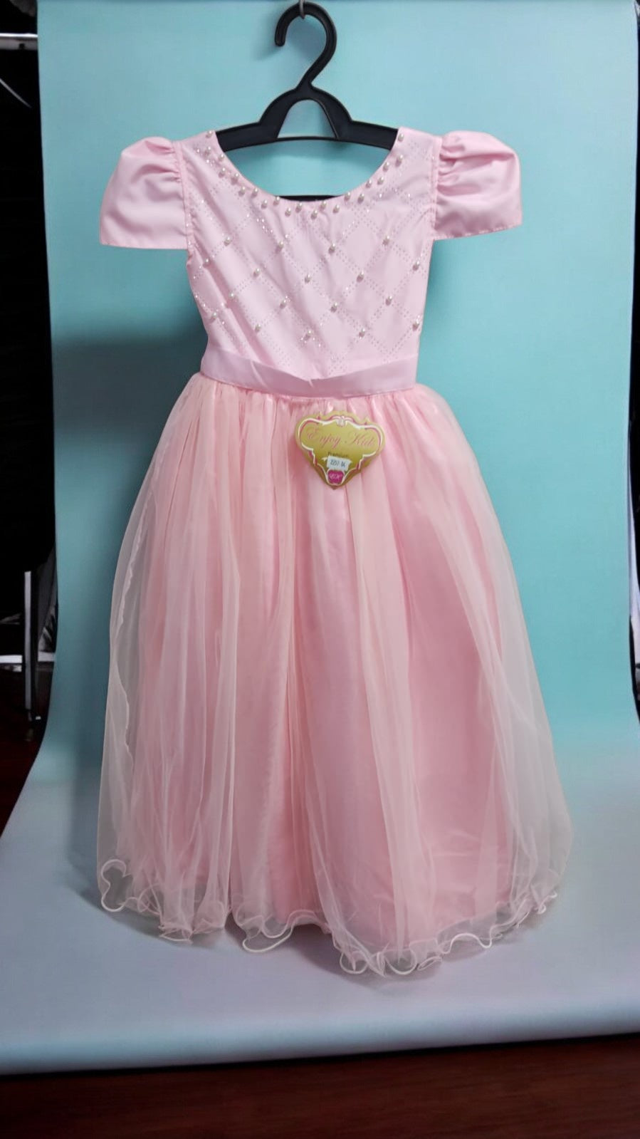 Vestido Infantil Longo Rosa Com Strass e Pérolas Daminhas