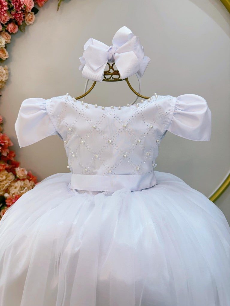 Vestido Infantil Longo Branco C/ Strass e Pérolas Daminhas