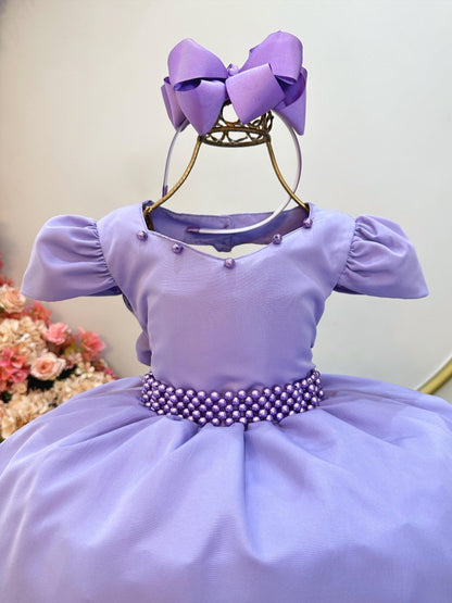 Vestido Infantil Lilás em Cetim com Cinto de Pérolas Saia Rodada para Daminhas Luxo