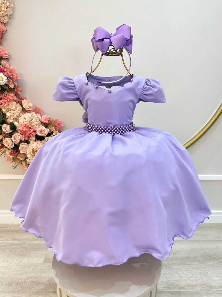 Vestido Infantil Lilás em Cetim com Cinto de Pérolas Saia Rodada para Daminhas Luxo