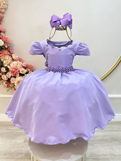 Vestido Infantil Lilás em Cetim com Cinto de Pérolas Saia Rodada para Daminhas Luxo