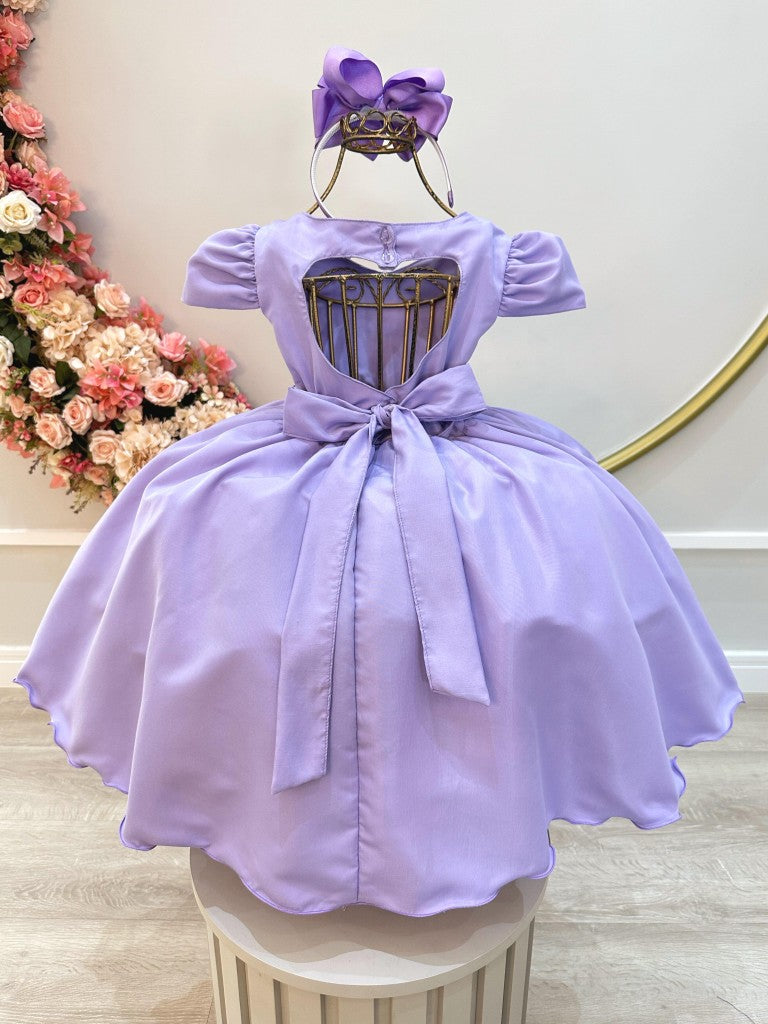 Vestido Infantil Lilás em Cetim com Cinto de Pérolas Saia Rodada para Daminhas Luxo