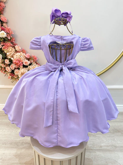 Vestido Infantil Lilás em Cetim com Cinto de Pérolas Saia Rodada para Daminhas Luxo