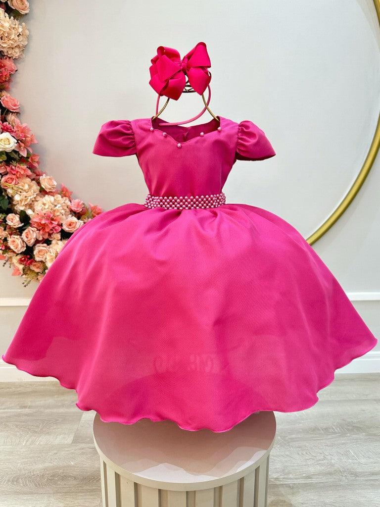 Vestido Infantil Rosa Escuro em Cetim com Cinto de Pérolas e Saia Rodada para Daminhas de Luxo