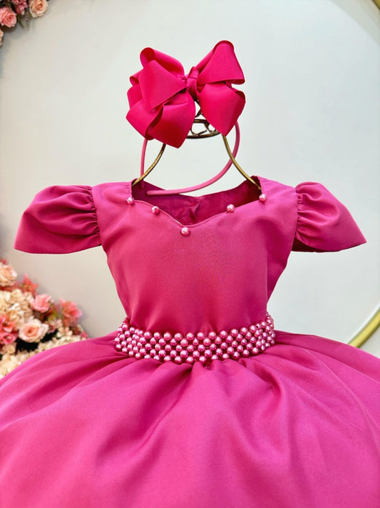 Vestido Infantil Rosa Escuro em Cetim com Cinto de Pérolas e Saia Rodada para Daminhas de Luxo