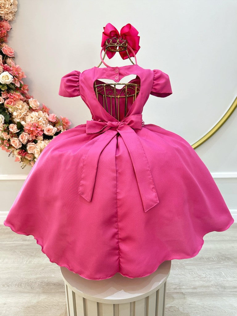Vestido Infantil Rosa Escuro em Cetim com Cinto de Pérolas e Saia Rodada para Daminhas de Luxo