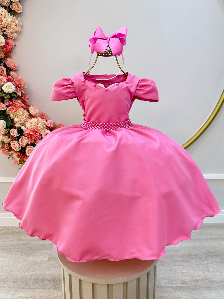 Vestido Infantil Rosa em Cetim com Cinto de Pérolas e Saia Rodada para Daminhas de Luxo