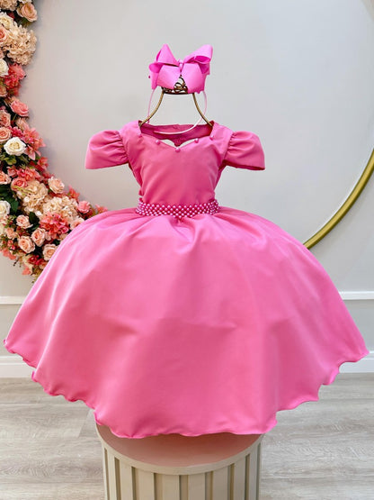 Vestido Infantil Rosa em Cetim com Cinto de Pérolas e Saia Rodada para Daminhas de Luxo