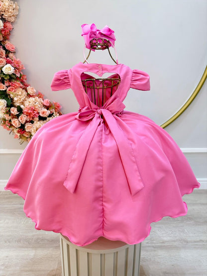 Vestido Infantil Rosa em Cetim com Cinto de Pérolas e Saia Rodada para Daminhas de Luxo