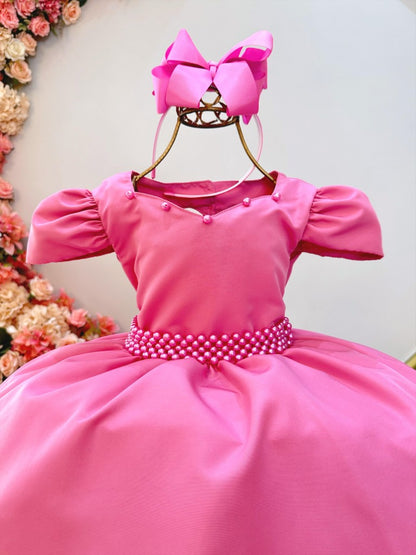 Vestido Infantil Rosa em Cetim com Cinto de Pérolas e Saia Rodada para Daminhas de Luxo