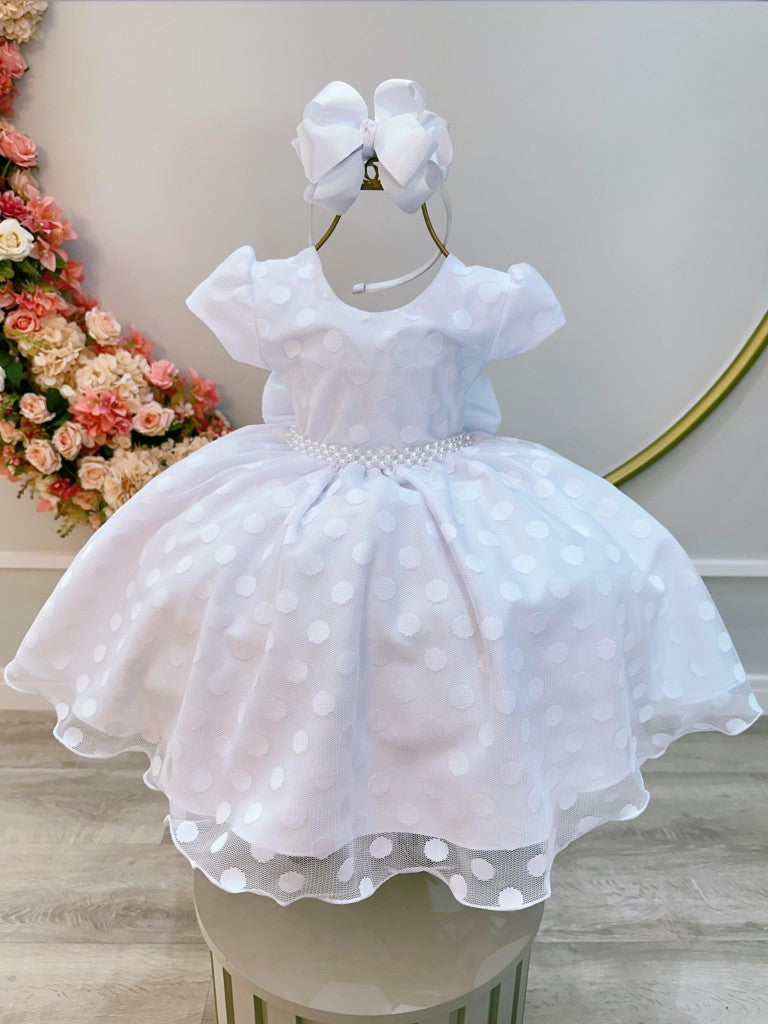 Vestido Infantil Branco em Tule com Bolinhas e Pérolas com Saia Rodada para Daminhas