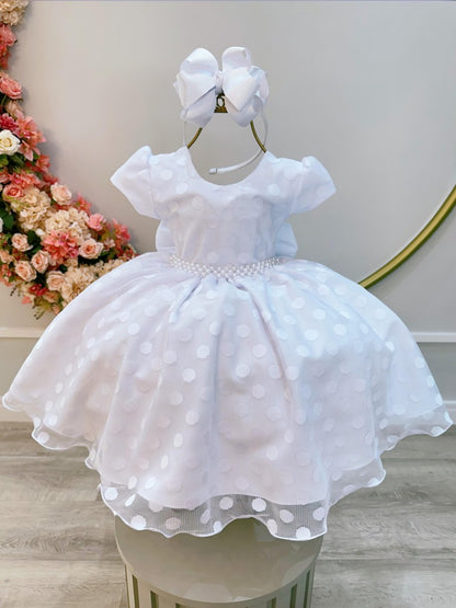 Vestido Infantil Branco em Tule com Bolinhas e Pérolas com Saia Rodada para Daminhas
