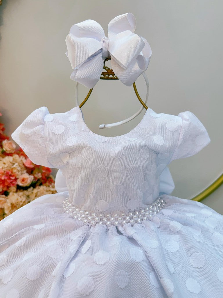 Vestido Infantil Branco em Tule com Bolinhas e Pérolas com Saia Rodada para Daminhas