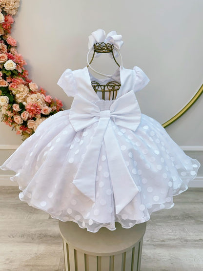 Vestido Infantil Branco em Tule com Bolinhas e Pérolas com Saia Rodada para Daminhas