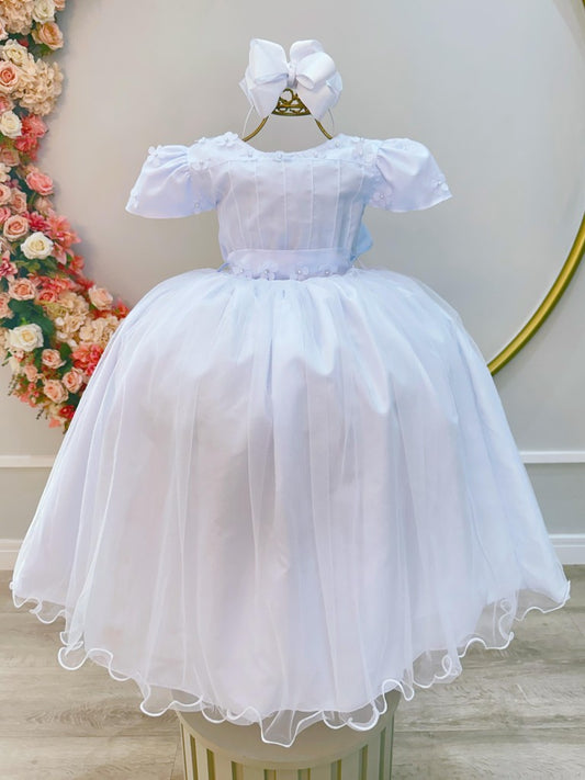 Vestido Infantil Branco em Tule com Apliques Saia Rodada para Daminhas