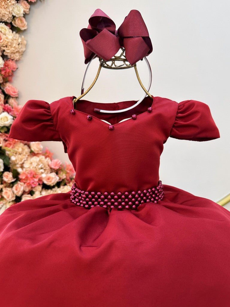 Vestido Infantil Marsala em Cetim com Cinto de Pérolas e Saia Rodada para Daminhas de Luxo