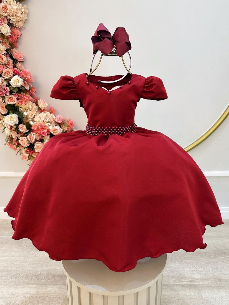 Vestido Infantil Marsala em Cetim com Cinto de Pérolas e Saia Rodada para Daminhas de Luxo