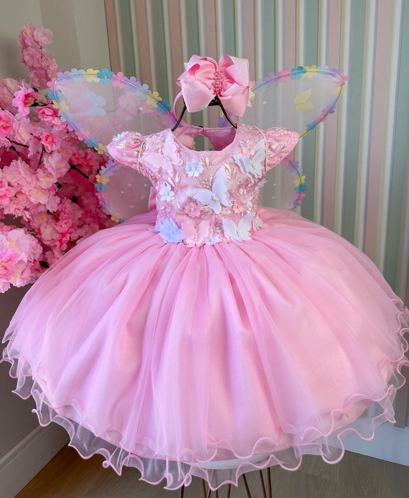 Vestido Infantil Rosa Bebê em Tecido Misto com Borboleta Branca, Saia Rodada, L