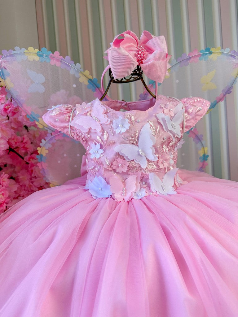 Vestido Infantil Rosa Bebê em Tecido Misto com Borboleta Branca, Saia Rodada, L