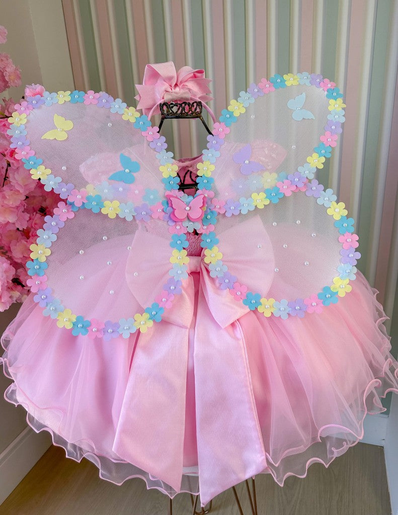 Vestido Infantil Rosa Bebê em Tecido Misto com Borboleta Branca, Saia Rodada, L